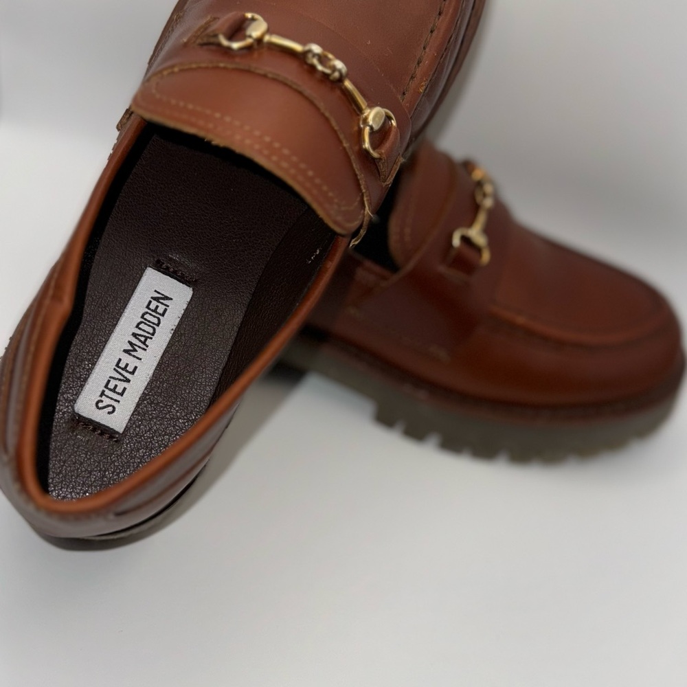 Steve Madden Women’s Brown Leather Loafers with Gold Hardware
